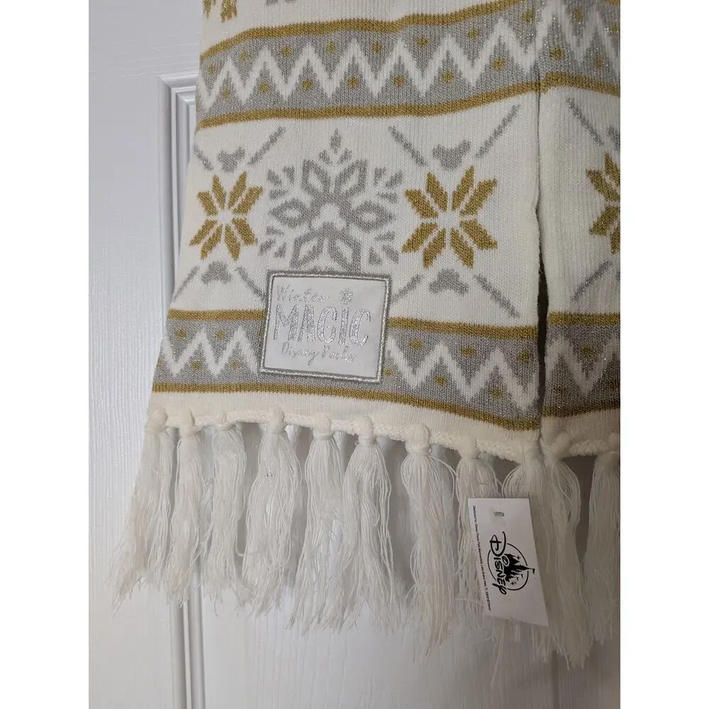 Disney Winter Magic Snowflake Knit Scarf NWT Cream Gold Fringe Winter Scarf
